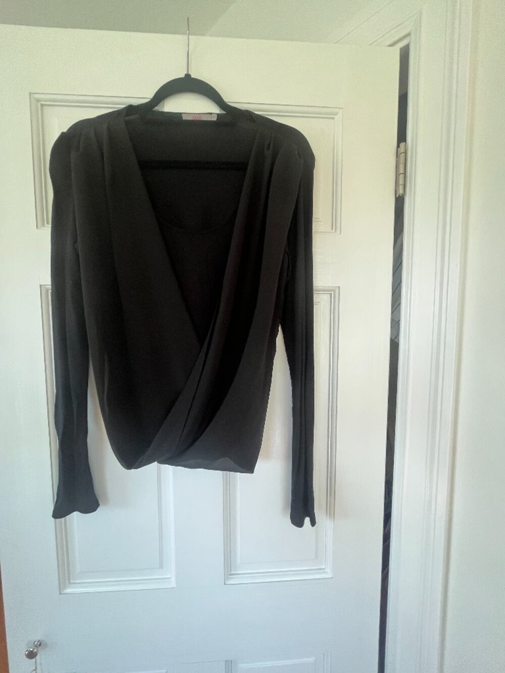 JAMI Black Draped Faux-Wrap Top Sheer Long Sleeves - Size 1 (S)